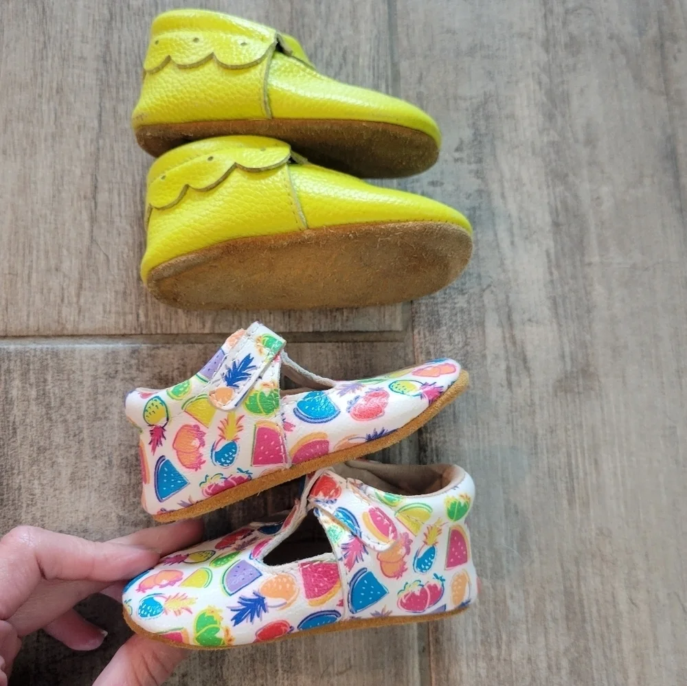 Monkey Feet Leather Flat Shoe Moccasin Bundle Fruit Yellow Baby Size 6-12 Months